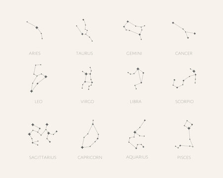 Set of 12 zodiac signs. Constellation of Aries, Taurus, Leo, Gemini, Virgo, Scorpio, Libra, Aquarius, Sagittarius, Pisces, Capricorn, Cancer.