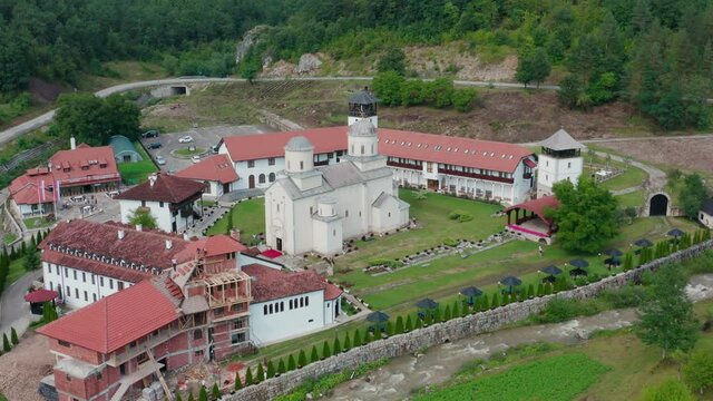 Aerial shot circling around the Mileseva monastery in Serbia near Prijepolje.