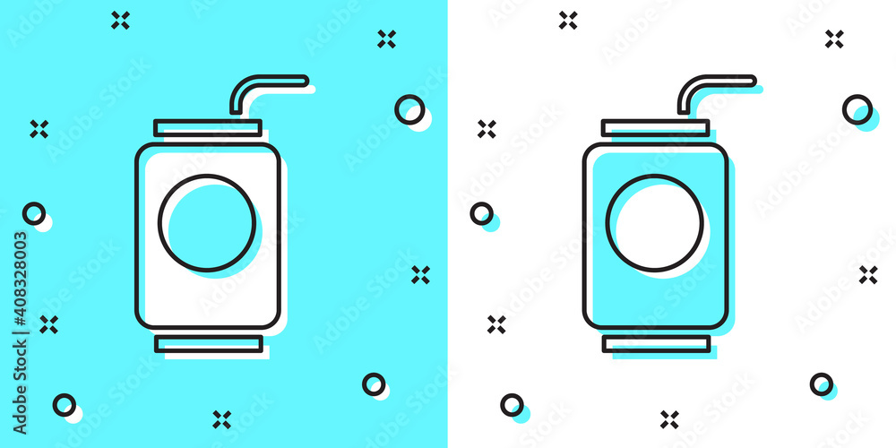 Poster black line soda can with drinking straw icon isolated on green and white background. random dynamic 