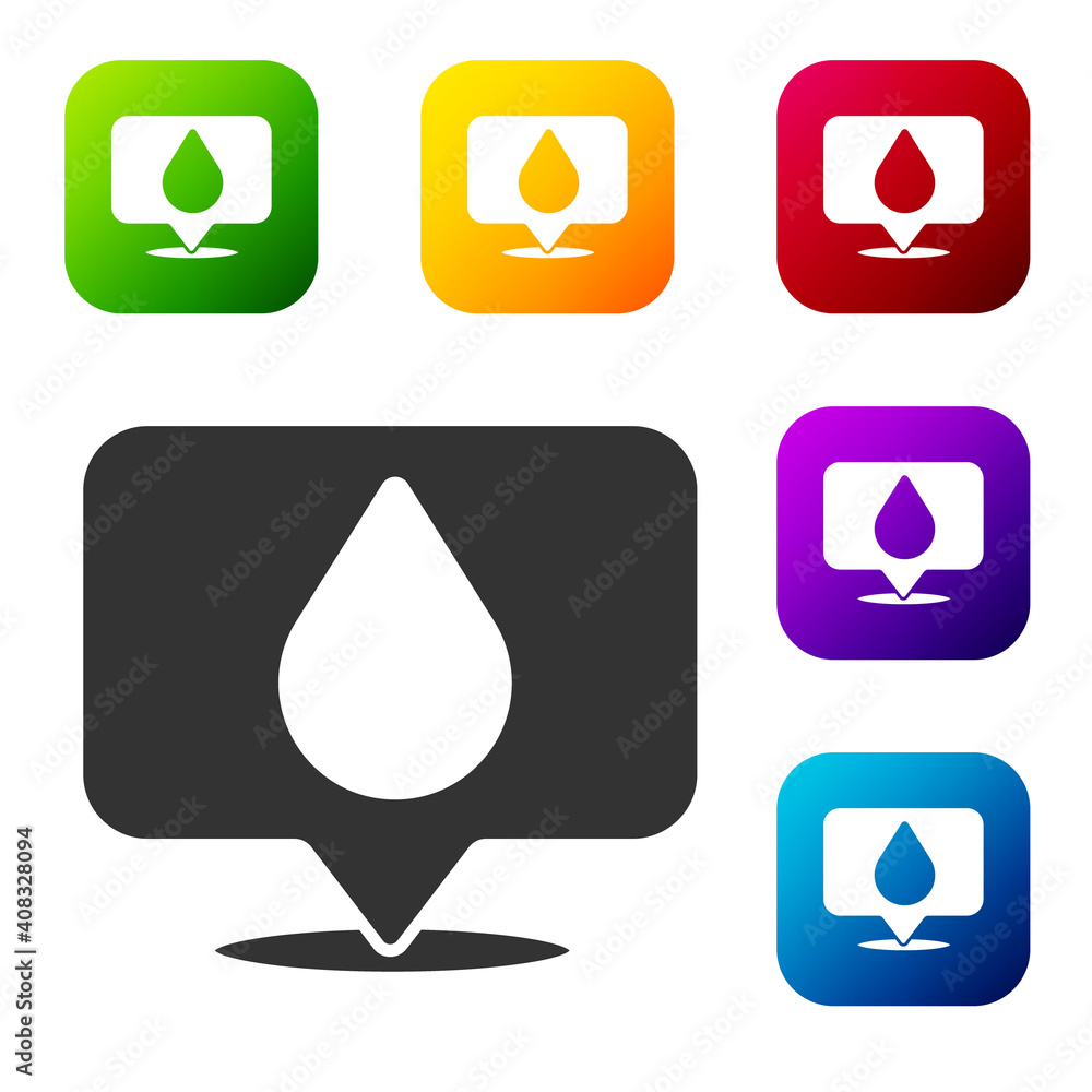 Sticker Black Water drop with location icon isolated on white background. Set icons in color square buttons. Vector Illustration.