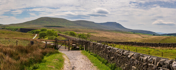 Yorkshire Dales landscape with the Ribblehead Viaduct and Ingleborough in the background, seen from...