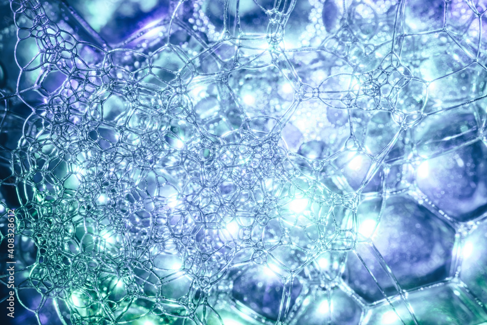 Fototapete Close up Beautiful abstract soap bubbles. Background pattern for design. Macro photography view.