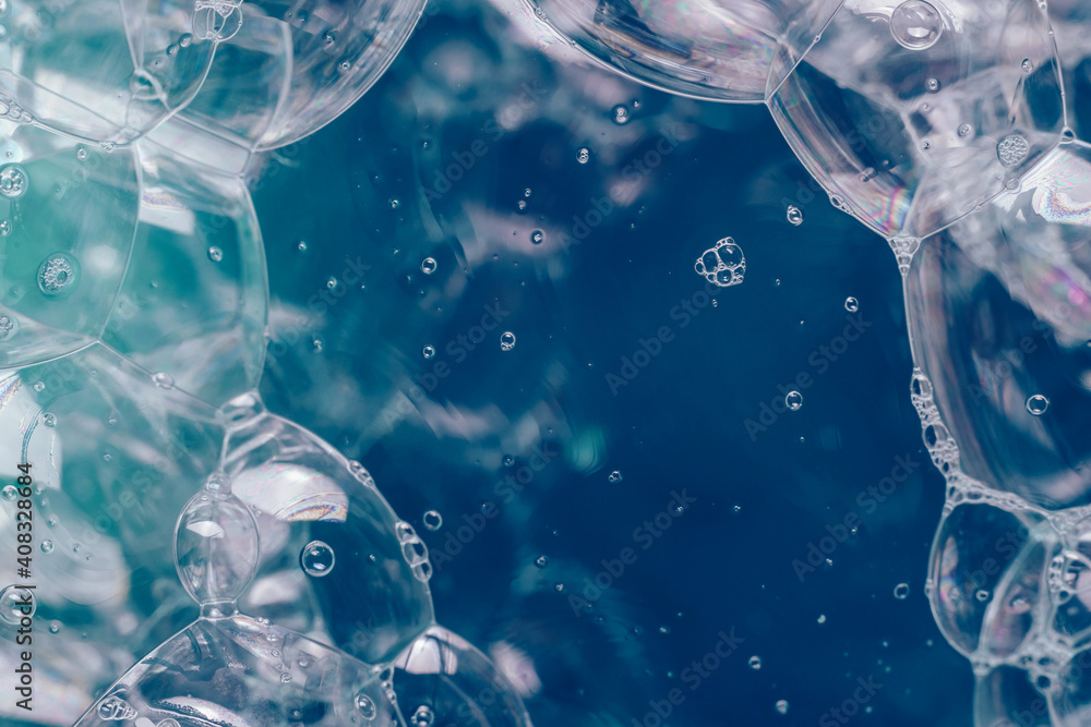 Fototapete close up beautiful abstract soap bubbles. background pattern for design. macro photography view.