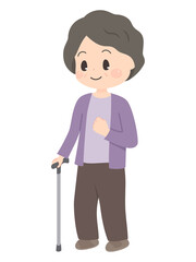 杖をついて歩くおばあちゃんのイラスト_片麻痺