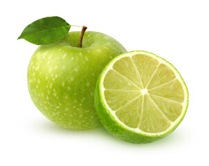 Green Apple with leaf and half a lime isolated on white