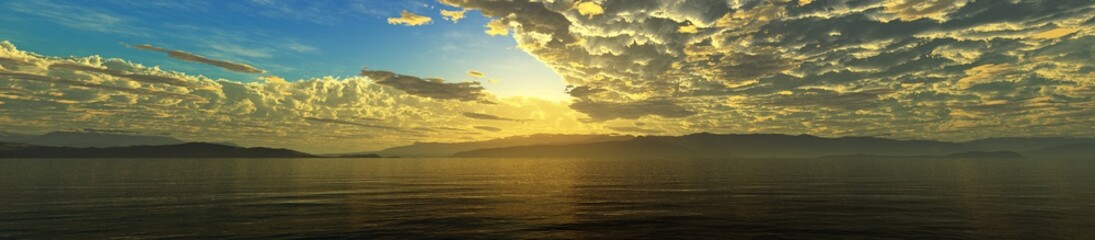 beautiful evening in the ocean, sunset over the sea, seascape panorama,