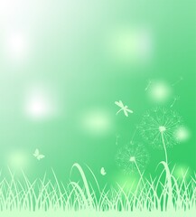 Obraz premium Spring light green background for Easter greeting card, social media, web banner, sale labels and discount promo with grass, dandelions, butterflies and dragonfly