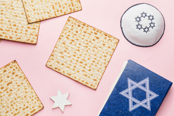 Composition with Jewish flatbread matza for Passover on color background