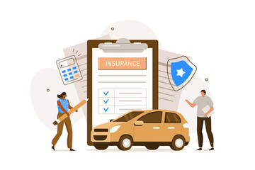People Character  Signing Auto Insurance Policy Form. Insurance Agent or Salesman providing Security Document. Auto Care and Protection Concept. Flat Cartoon Illustration.