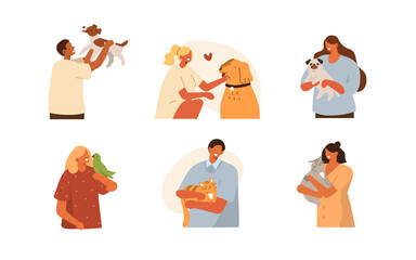 People Characters Playing, Relaxing and Spending Time with Pets. Women and Men Taking Care of Dogs, Cats and Bird. Pet Sitters and Animal Lovers Concept.  Flat Cartoon Vector Illustration.