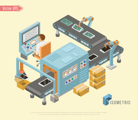 Isometric industrial factory horizontal banners with automated lines of production assembly.