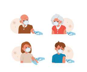 Cute Elderly and Young Characters Receiving Vaccine Injection against Coronavirus. Different Ages People Vaccination. Prevention against Virus and Infection.  Flat Cartoon Vector Illustration.