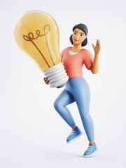 3d character woman is standing with a huge lightbulb