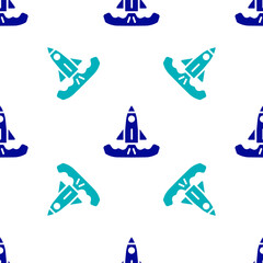 Blue Rocket icon isolated seamless pattern on white background. Vector.