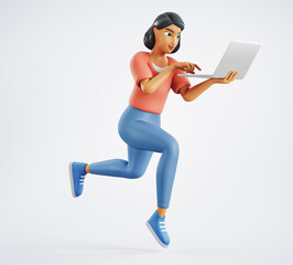 3d character happy woman is running with a laptop
