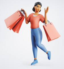 3d character happy and excited woman standing with a lot of shopping bags
