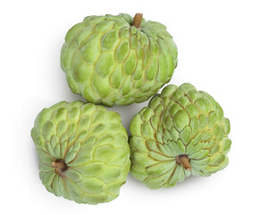 Obraz premium Sugar apple or custard apple isolated on white background with clipping path . Exotic annona or cherimoya fruit. Top view. Flat lay