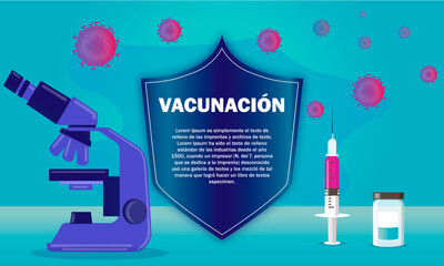Diseño de  Concepto  de vacunación. Vacunación microscopio banner - Jeringa de vacunación para   COVID-19, flu o influenza