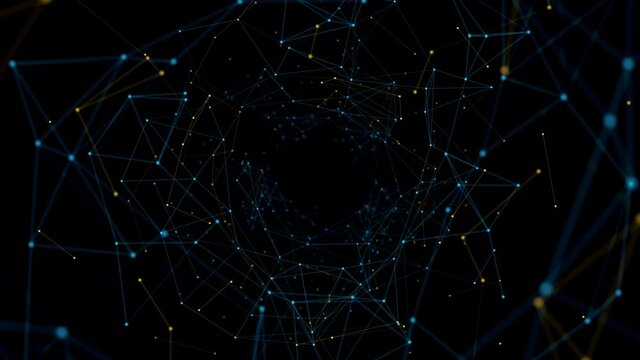 Network connected data tunnel animation on black background. Connected blue and orange dots, 4K Video	
