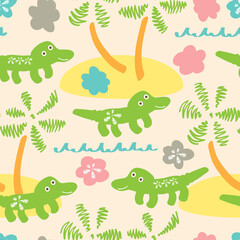 Africa. Kids seamless pattern. Funny cartoon crocodiles.
