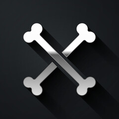 Silver Crossed human bones icon isolated on black background. Long shadow style. Vector.