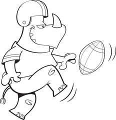 Black and white illustration of a rhinoceros wearing a football uniform kicking a football.