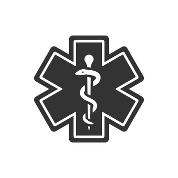 First aid, medical emergency vector symbol. Rod of asclepius or aesculapius with snake, ems icon.