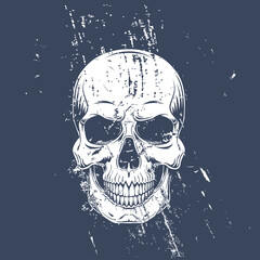 Vector illustration of a white skull with a lower jaw with grunge effect. T-shirt print. Old skull.