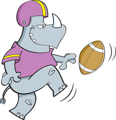 Cartoon illustration of a rhinoceros wearing a football uniform kicking a football.