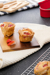 Homemade Strawberry cake topping with icing sugar. Sweet food. Sweet dessert. perfect summer season dessert served on plate.