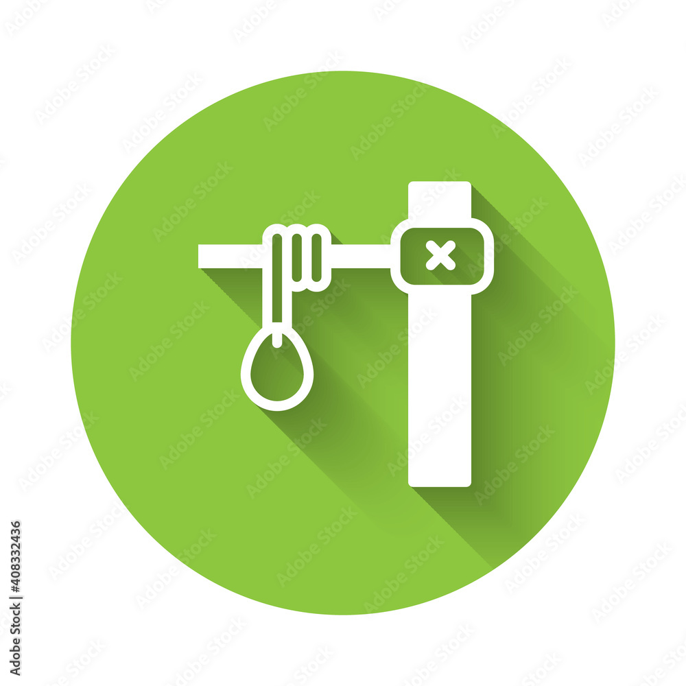Poster white gallows rope loop hanging icon isolated with long shadow. rope tied into noose. suicide, hangi
