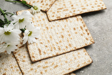 Jewish flatbread matza for Passover and flowers on grey background