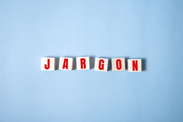 Jargon - word from wooden blocks, special words and phrases jargon concept, top view on blue background