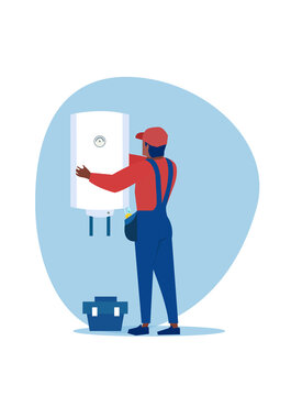 Vector of a professional plumber man  installing a water heater