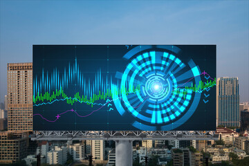 Glowing FOREX graph hologram on billboard, aerial panoramic cityscape of Bangkok at sunset. Stock and bond trading in Southeast Asia. The concept of fund management.