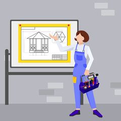 Builder worker woman with a tool box near the drawing of the gazebo. Builders and engineers background