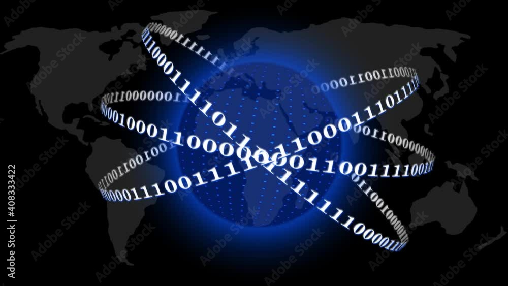 Poster digital earth orbited by lines of binary code - abstract movement on a blurred world map background 