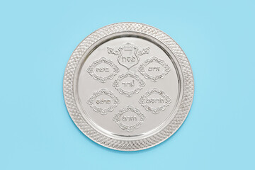 Passover Seder plate on color background
