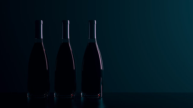 Three full bottles with a screw cap silhouette.Back light and volumetric atmosphere. 3d illustration