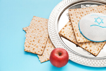 Composition with Passover Seder plate on color background