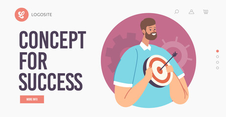 Concept for Success Landing Page Template. Character with Aim in Hands, Successful Business Man Hold Target with Arrow