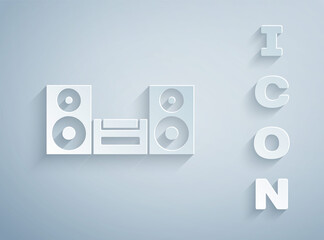 Paper cut Home stereo with two speaker s icon isolated on grey background. Music system. Paper art style. Vector.