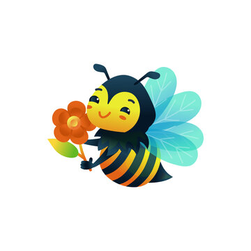 Little bee cartoon character with flower flat vector illustration isolated.