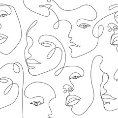 Vector seamless pattern. Continuous line art with woman faces. Linear background. Use for package, cosmetics, decor. Fashion concept, feminine beauty minimalist © marylia17