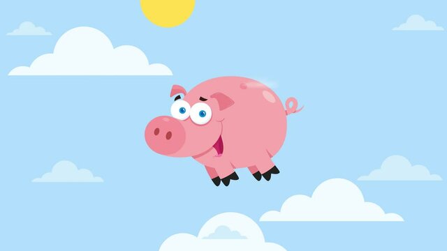 Pig Cartoon Character Flying In Sky.  4K Animation Video Motion Graphics With Sky Background