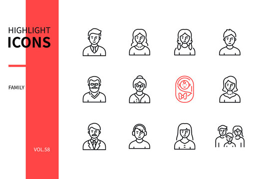 Family members - line design style icons set