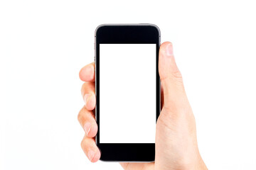 Hand holding black smartphone isolated on white background