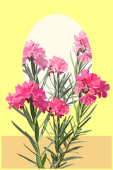 Oleander (Nerium) flowers on bright yellow wall and reflect on the mirror, Sunny day nostalgic feeling background design
