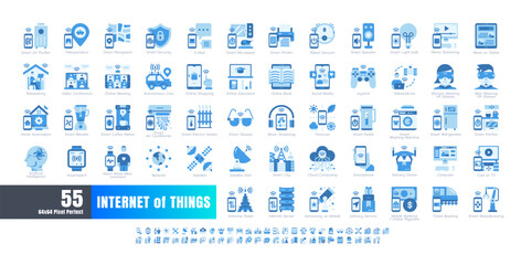 64x64 Pixel Perfect. Internet of Things (IOT). Flat Monochrome Blue Icons Vector. for Website, Application, Printing, Document, Poster Design, etc.
