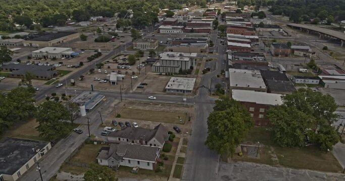 Blytheville Arkansas Aerial v2 houses and buildings near the historic Greyhound Bus Station on a sunny day - Shot on DJI Inspire 2, X7, 6k - August 2020